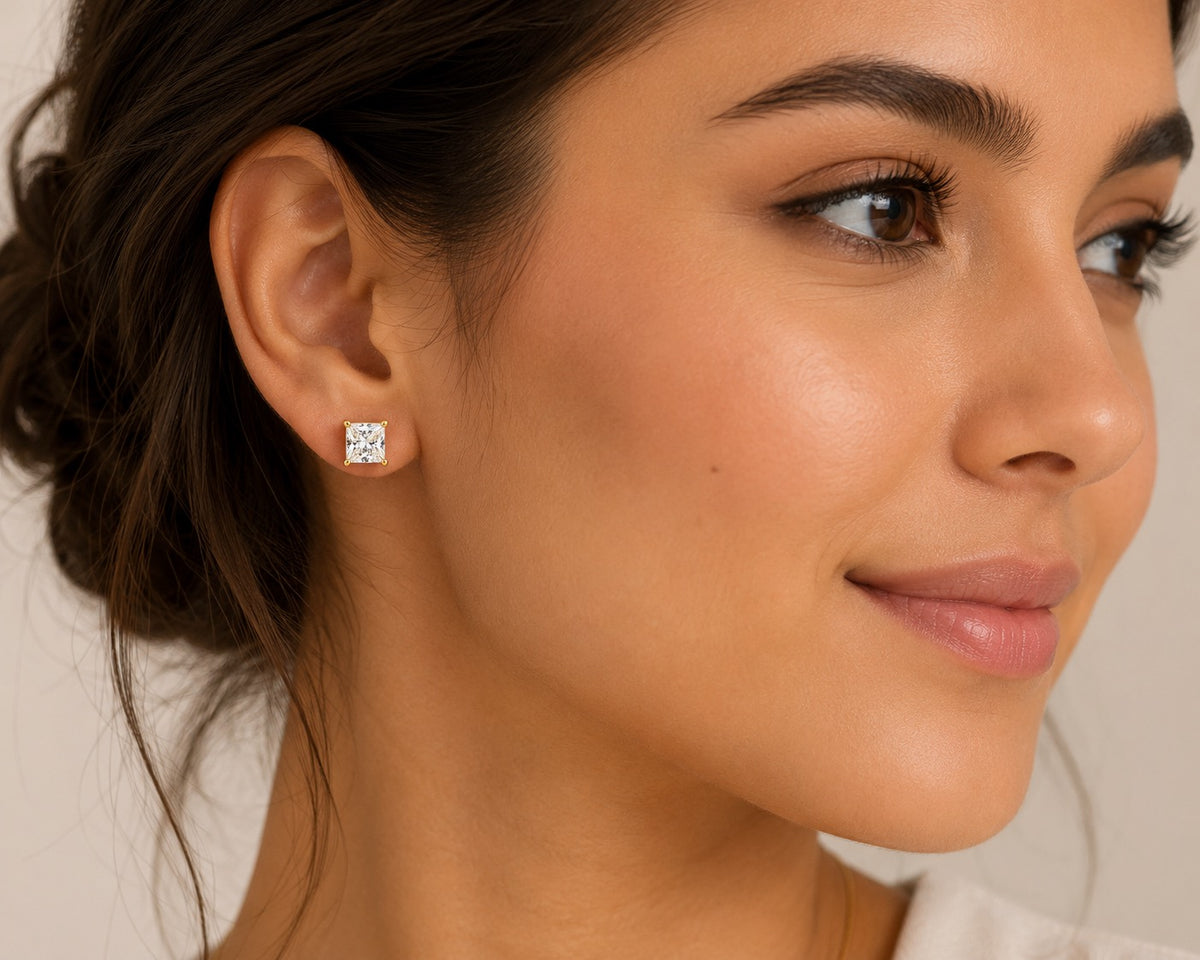 1Ct TTW Princess Cut Lab Grown Diamond Stud Earrings in 14 K Gold