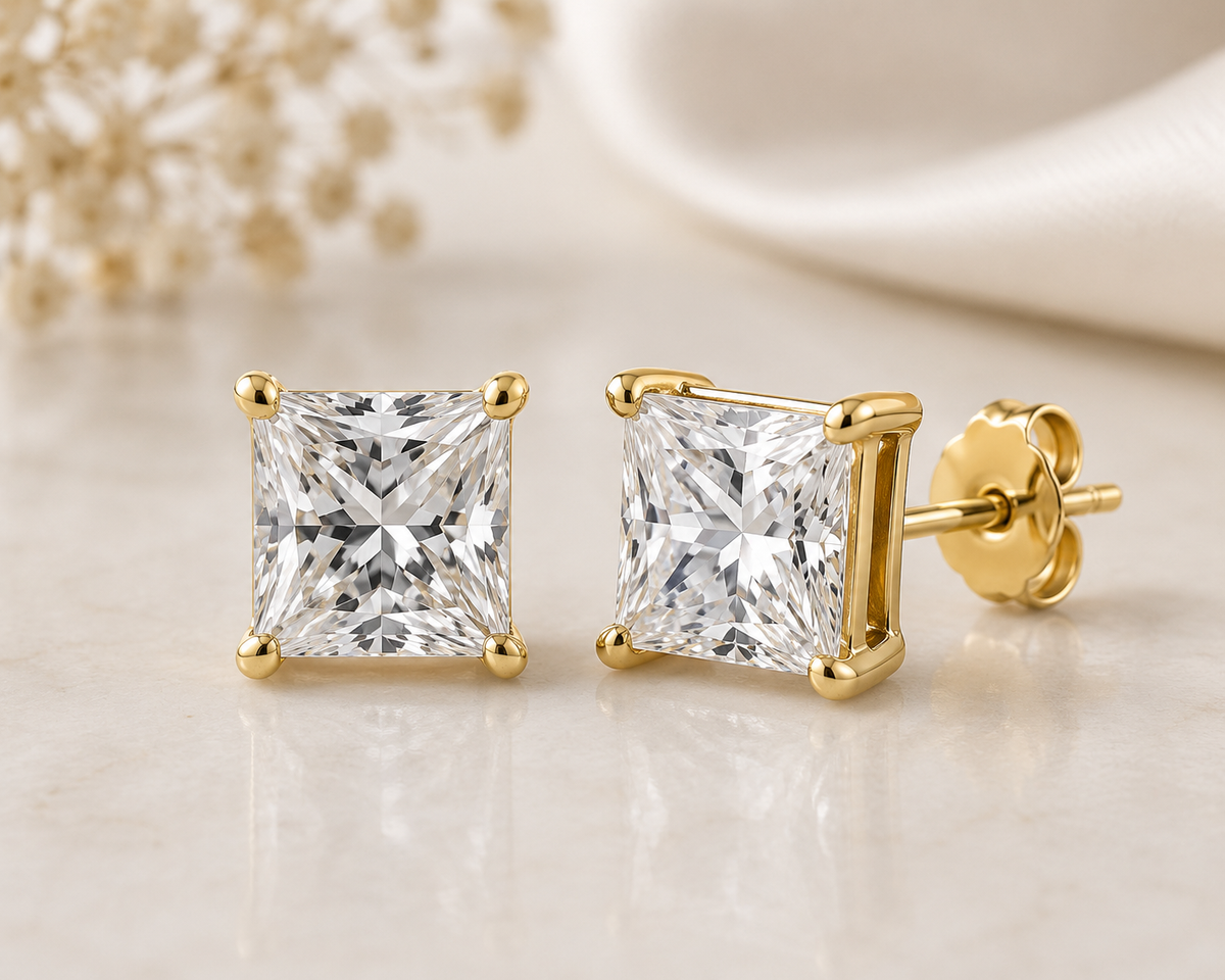 2Ct.TTW Lab Grown Princess Cut Diamond Studs Earring in 14 K Gold