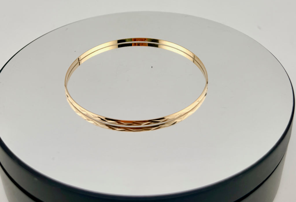 Solid 14 K Yellow Gold 2mm Bangle With Design Size7",8"