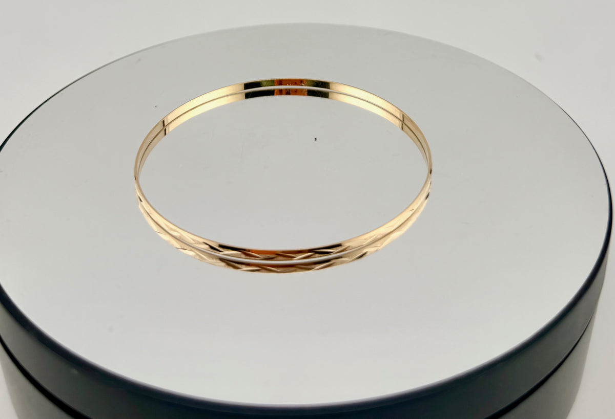 Solid 14 K Yellow Gold 2mm Bangle With Design Size7",8"
