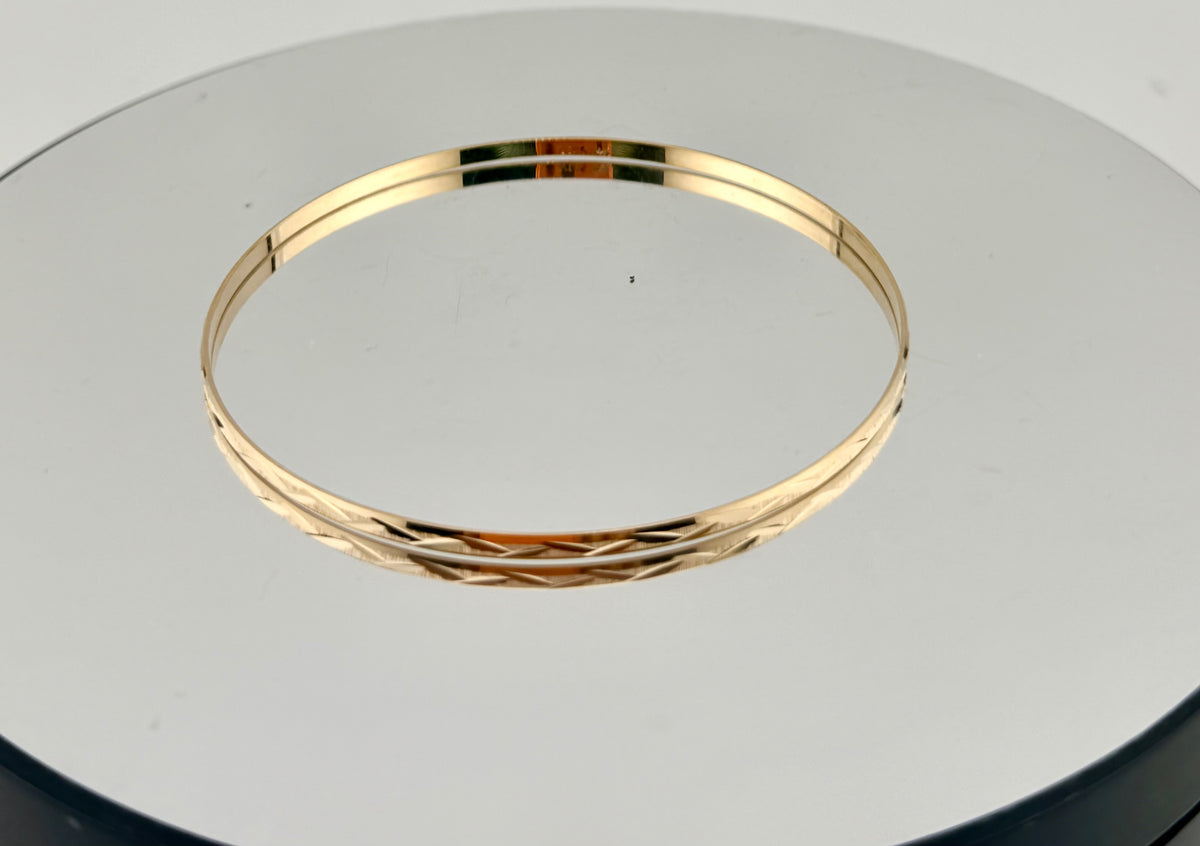Solid 14 K Yellow Gold 2mm Bangle With Design Size7",8"