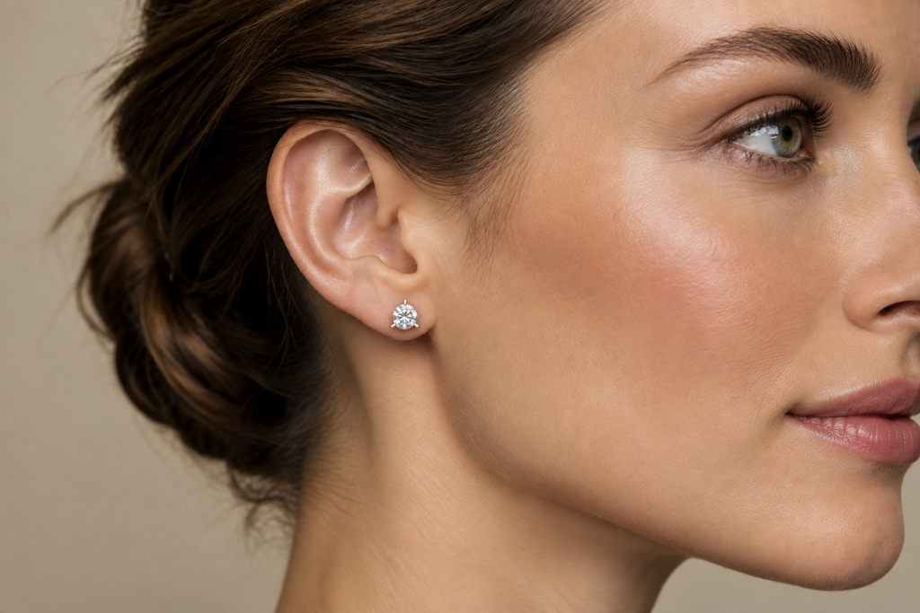 1Ct.TTW Lab Grown Round Diamond Earrings Three Prong Martini Setting in 14 k Gold