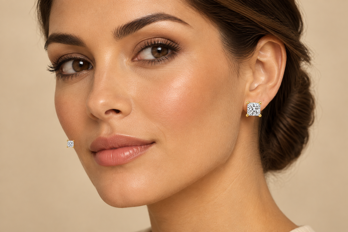 1Ct TTW Princess Cut Lab Grown Diamond Stud Earrings in 14 K Gold