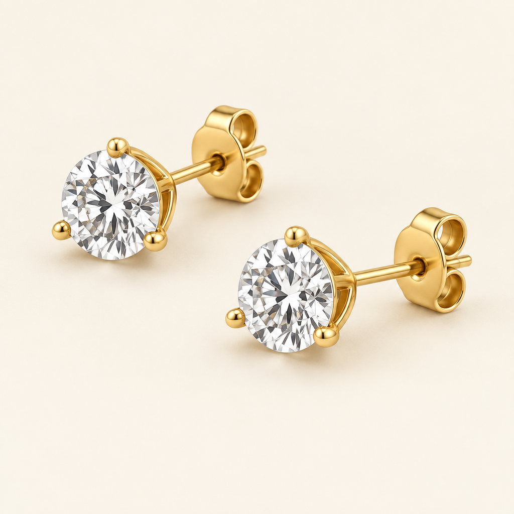 1Ct.TTW Lab Grown Round Diamond Earrings Three Prong Martini Setting in 14 k Gold